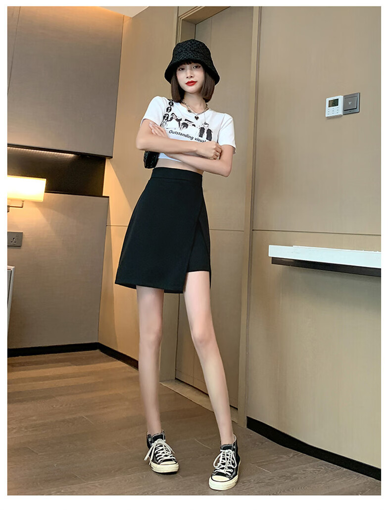 Langsha Women's High-Waist Asymmetric Slit Design Slim Fit A-Line Anti-Exposure Short Skirt Pants 8