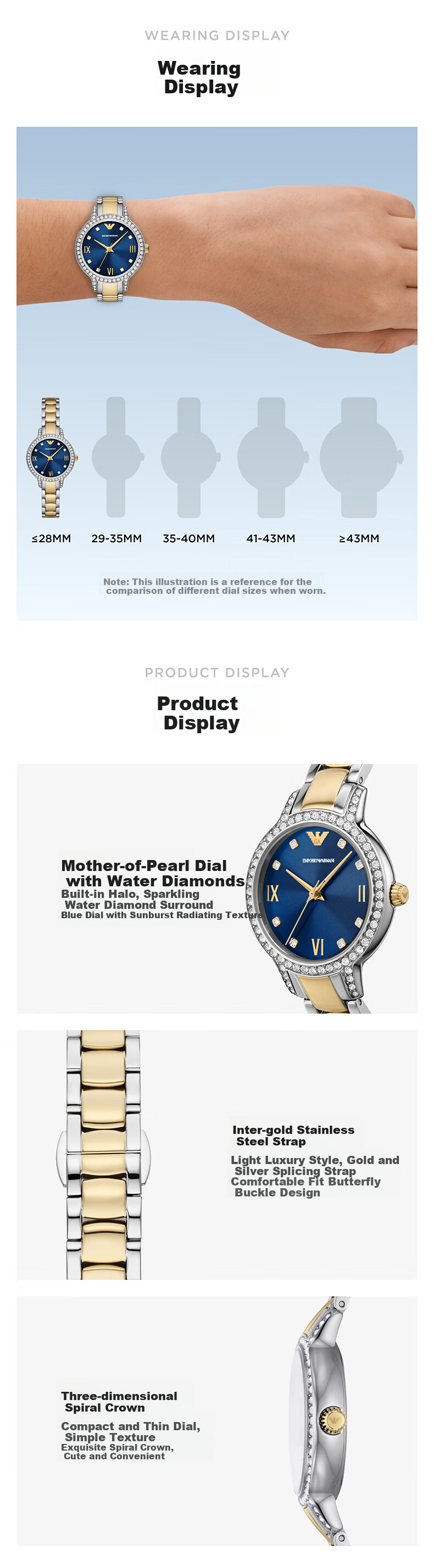 EMPORIO ARMANI Women's Watch, White Moonlight Series, Elegant Blue Gold Diamond-Encrusted Quartz Watch, Birthday Gift for Girlfriend, AR11576 2