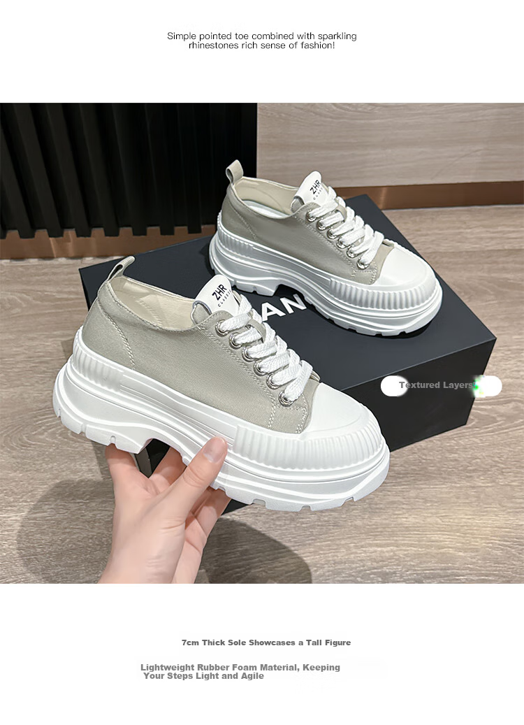 ZHR Canvas Shoes for Women, Lace-Up Thick-Soled Heightening Women's Shoes, Simple Versatile Casual Shoes, QT05 Black, Size 37 4
