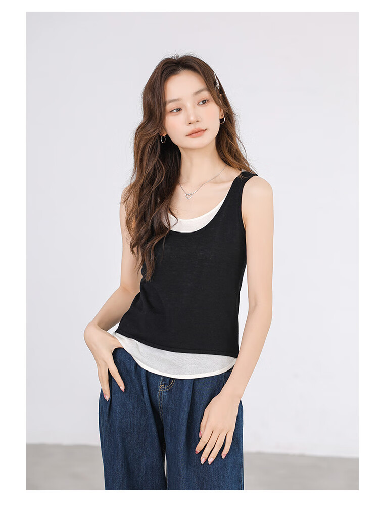NOMe Snowflake Cotton Faux Two-Piece Loose Vest for Women, Outer Wear, 2026 Summer Stylish Simple Sleeveless Top, Black, M 7