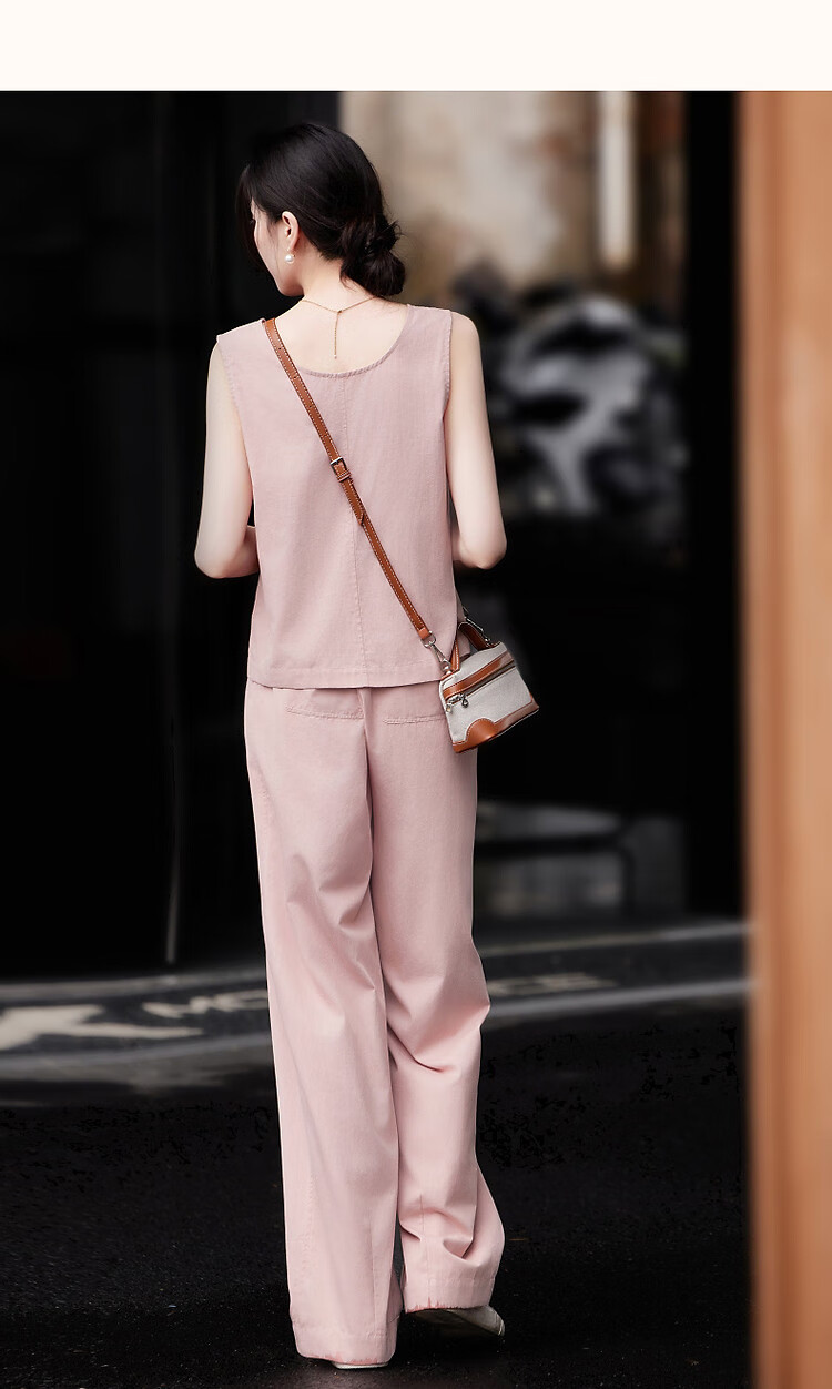 Dme High-Sense CBD Commuter Summer Minimalist Cotton Set Round Neck Vest Elastic Waist Pants Two-Piece Set 16