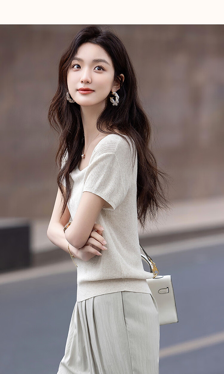 Demana Natural Linen Summer Elegant Round Neck Short Sleeve Loose Knit Top for Petite Women 25