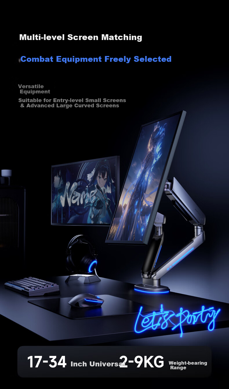 Brateck Beihu Dual-Screen Monitor Stand, Mechanical Arm One-To Computer Stand Multi-Screen Extension Desktop Clip-On Base E700-2 Gray, Holographic Light Effect Hanging Lamp Screen Suspensio 4