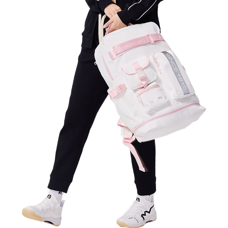 KAWASAKI Badminton Bag, Backpack with Large Capacity, Sports Backpack with Separate Shoe Compartment, Little White Bear A8214, White And Pink