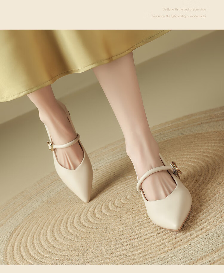 ZHR Zese Mary Jane Women's Pointed Toe Summer Single Shoes Shallow Mouth Chunky Heel One-strap Shoes BL379F Beige 37 19