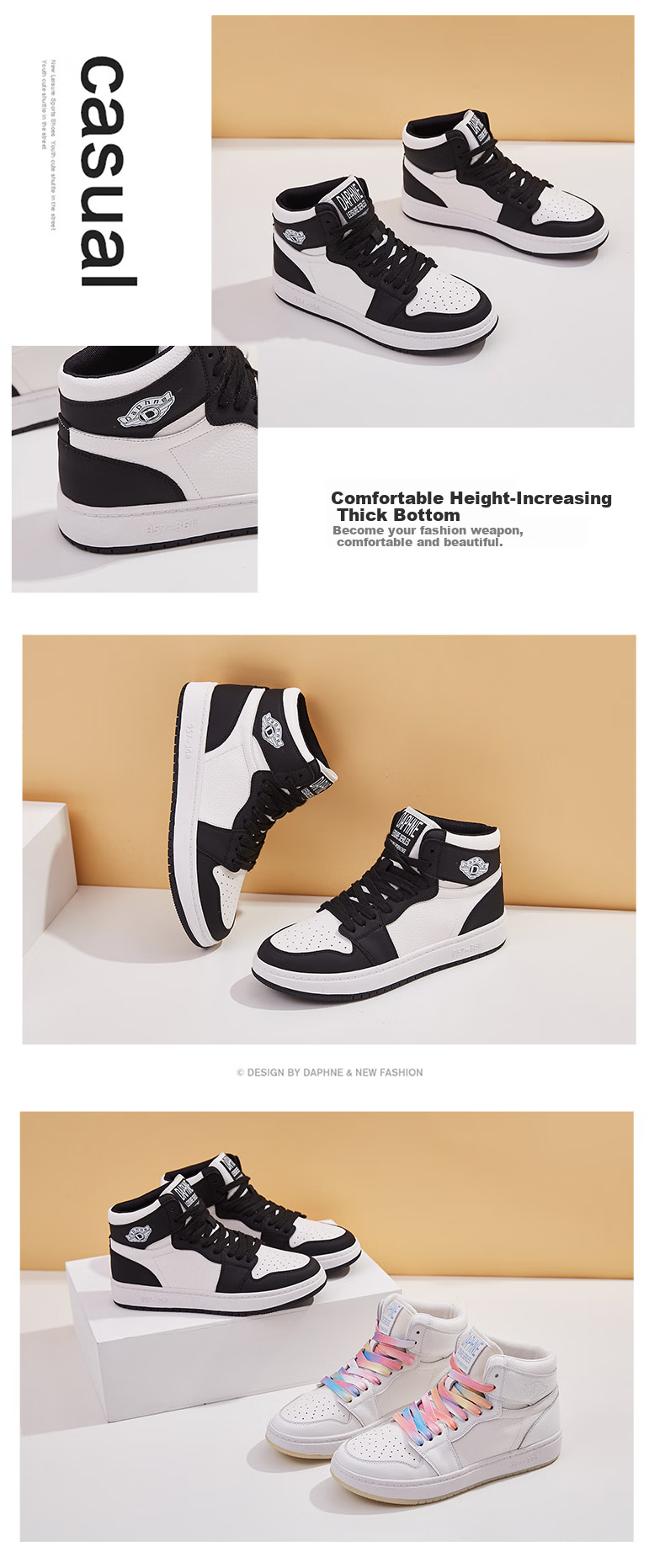 DAPHNE Thick-Soled Fleece-Lined Sneakers, Versatile Women's Shoes, 422104603, Black (High-Top Single Lining), Size 35 8