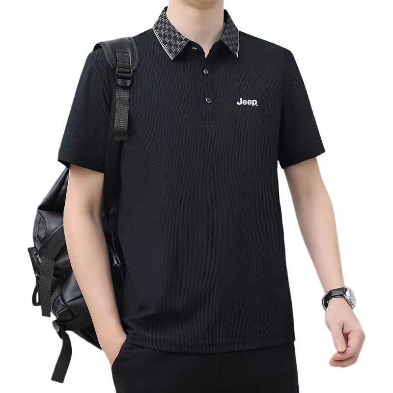 JEEP Short-Sleeve T-Shirt for Men, Summer Polo Business Casual Shirt, Loose-Fitting Men's Clothing A96, Black, XL