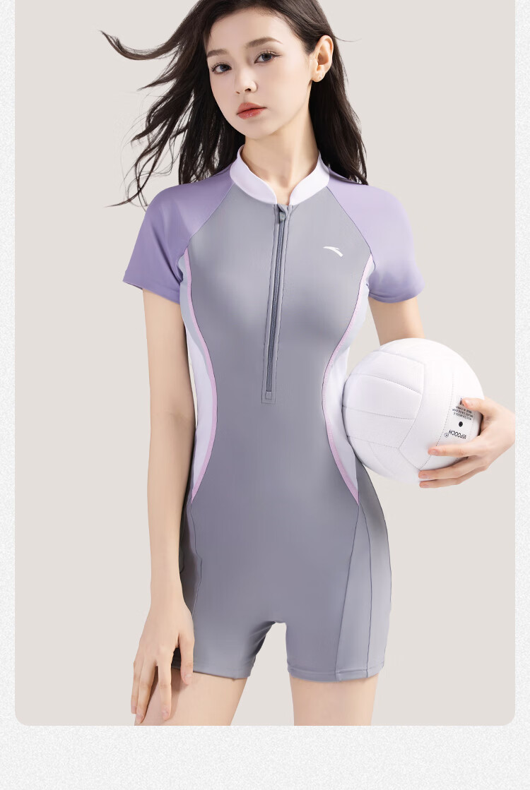 Anta Women's New Short Sleeve One-Piece Swimsuit Slim Fit Conservative Professional Racing Swimwear Purple Gray M 18