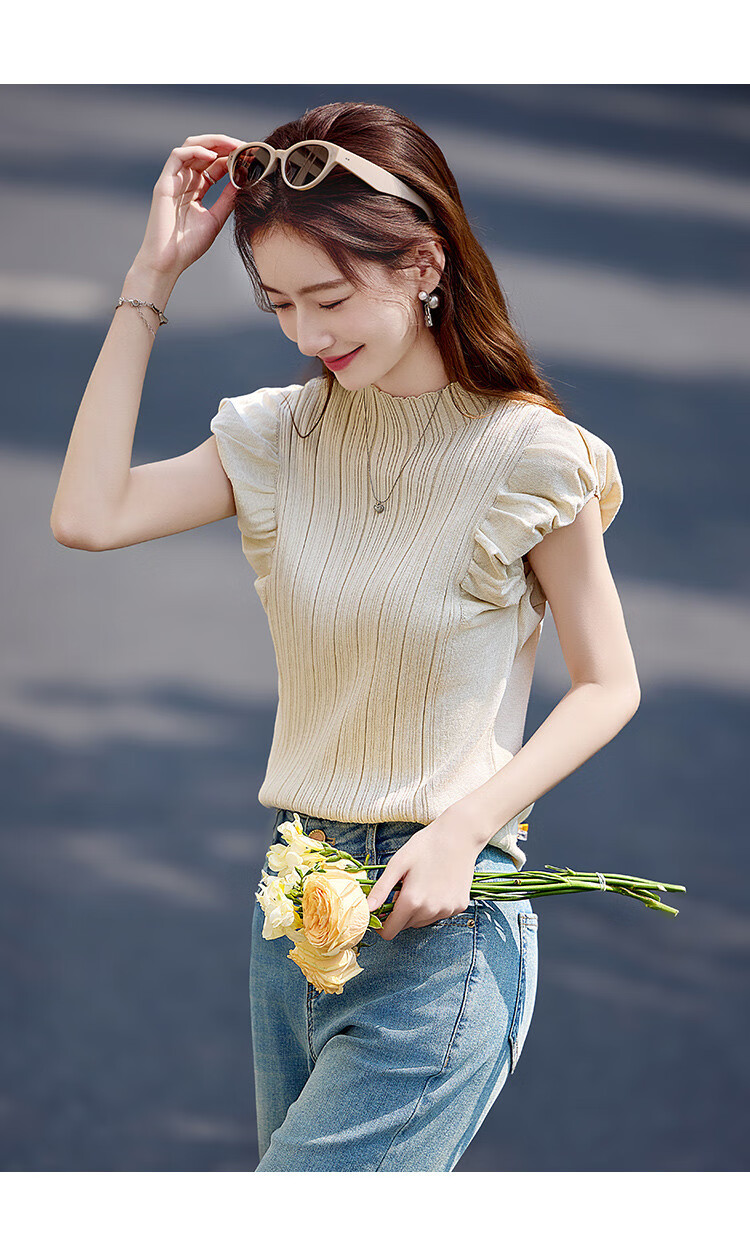 Shangjing Women's Summer Knitwear New French Elegant Puff Sleeve Slim Fit Short Sleeve T-Shirt Top 11