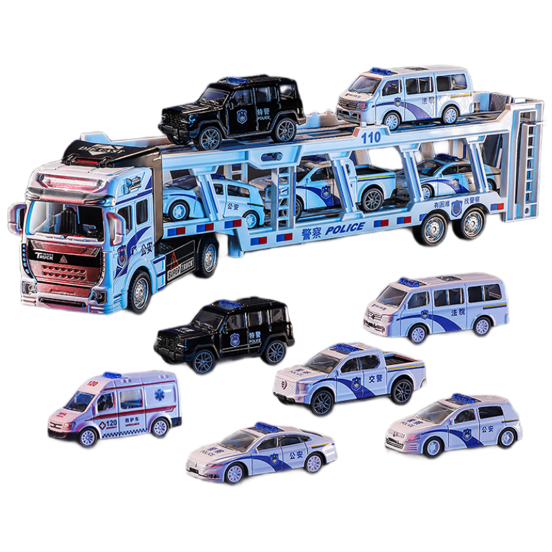 Mabao Twin Alloy Police Car Toy for Kids 3-6 Years Old, Double-Decker Transport Truck Model, Large Size Cargo Truck for Boys