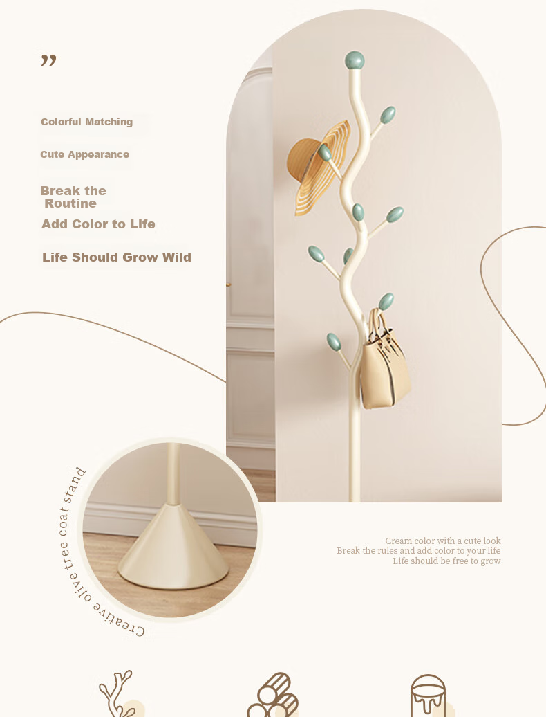 Shengnuoyilin Coat Rack Cream Style Bedroom Clothes Hanger, Entrance Hall Coat Stand, Fishbone Clothes Hanger, Floor-Standing Bag Rack, White And Gree 3