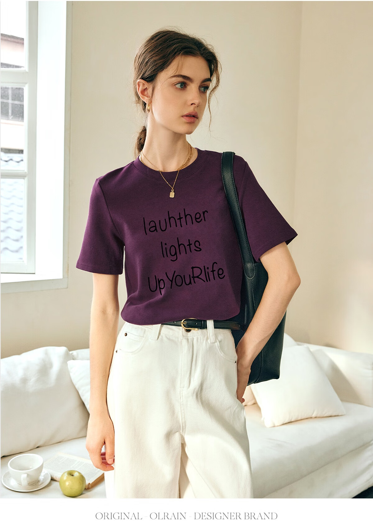 Oulain Letter Print Short-Sleeve T-Shirt, Women's Versatile Loose Casual Round Neck Top, Purple, S 20