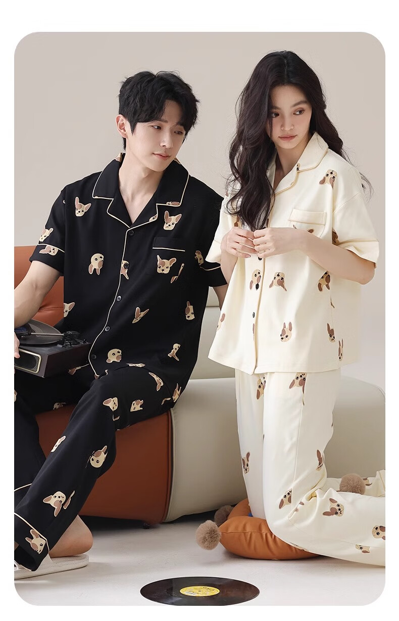 MiiOW Couples Spring Autumn Pajamas [Pure Cotton Antibacterial] Women's 2025 New Short Sleeve Men's Polo Collar Plus Size Homewear 1