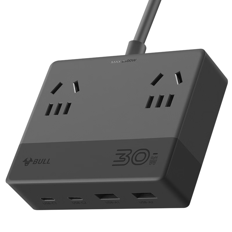 BULL 30000mAh GaN Mini Power Strip/USB Socket/Power Bar/Extension Cord/Power Strip/Charging Station with 2A2C + 3 Outlets And Master Switch, 1.5m Long, Black