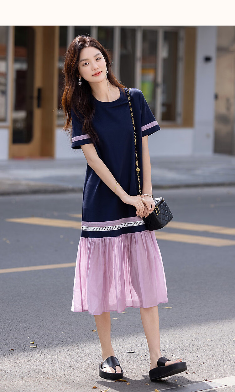 Demana [215G Pique Mesh] Summer Relaxed Fit Commuter Crew Neck Short Sleeve Color-Block Trim Women's Dress 12