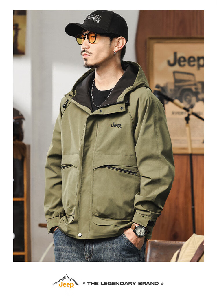 JEEP Men's Jacket, Spring And Autumn Casual Workwear Windbreaker, Loose-Fitting Outerwear for Men, Army Green, Size M 2