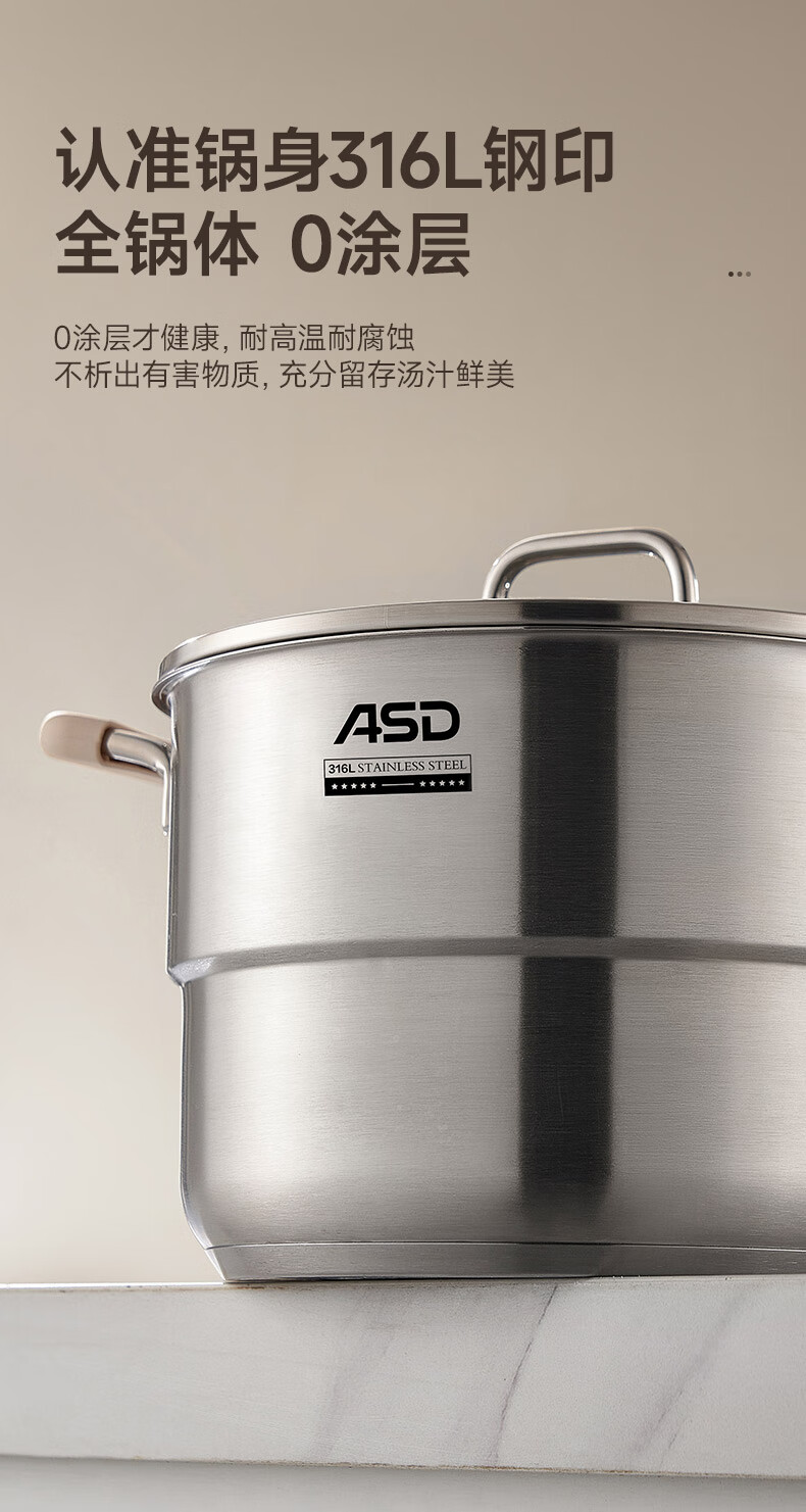 ASD Soup Pot, 316L Food-Grade Thickened Stainless Steel Steamer, Double-Layer Stew Pot, 22cm, Compatible with Induction And Gas Stoves, B15 1