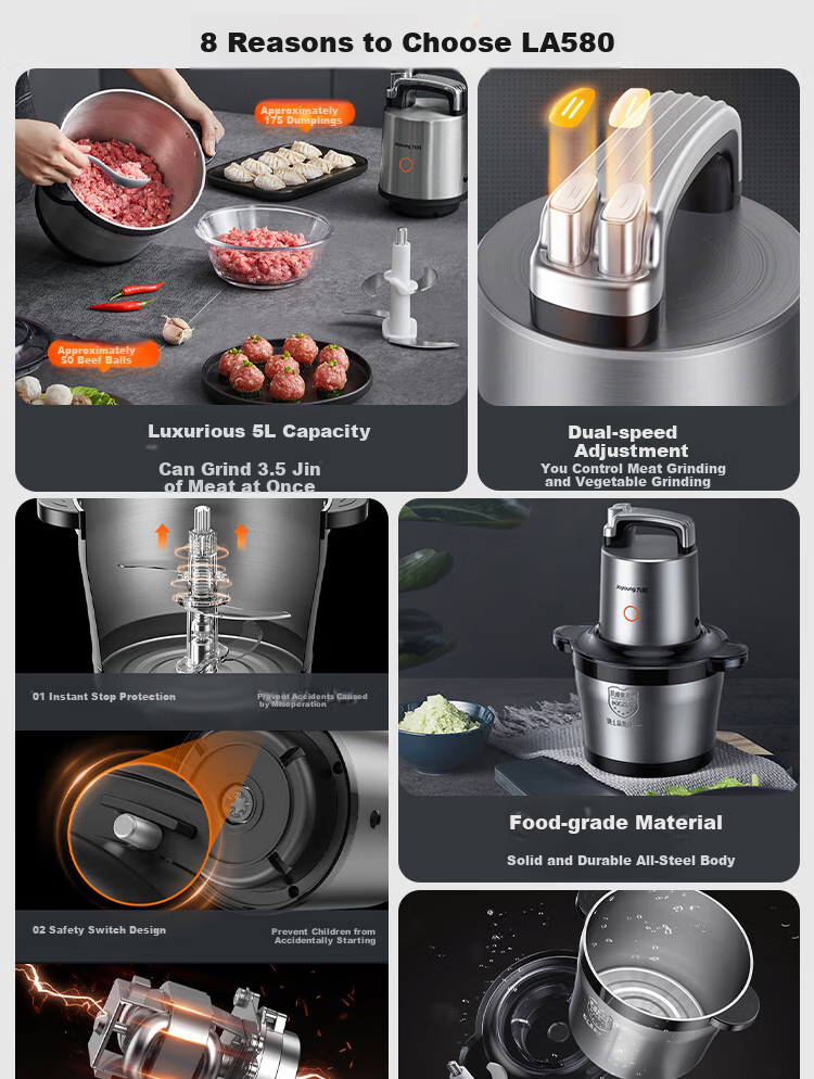 Joyoung Home Use 5L Large Capacity Meat Grinder, Double-Layer Grinding Blade, Dual-Speed Adjustment, All-Steel Mincer, Meat Mincer S50-LA580 1