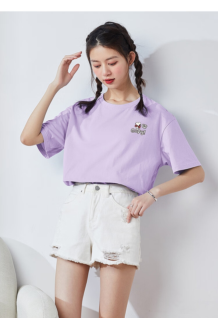 TonLion 2025 Summer Women's New Round Neck Short Sleeve T-Shirt Versatile [Snoopy Collaboration] S Light Purple 14
