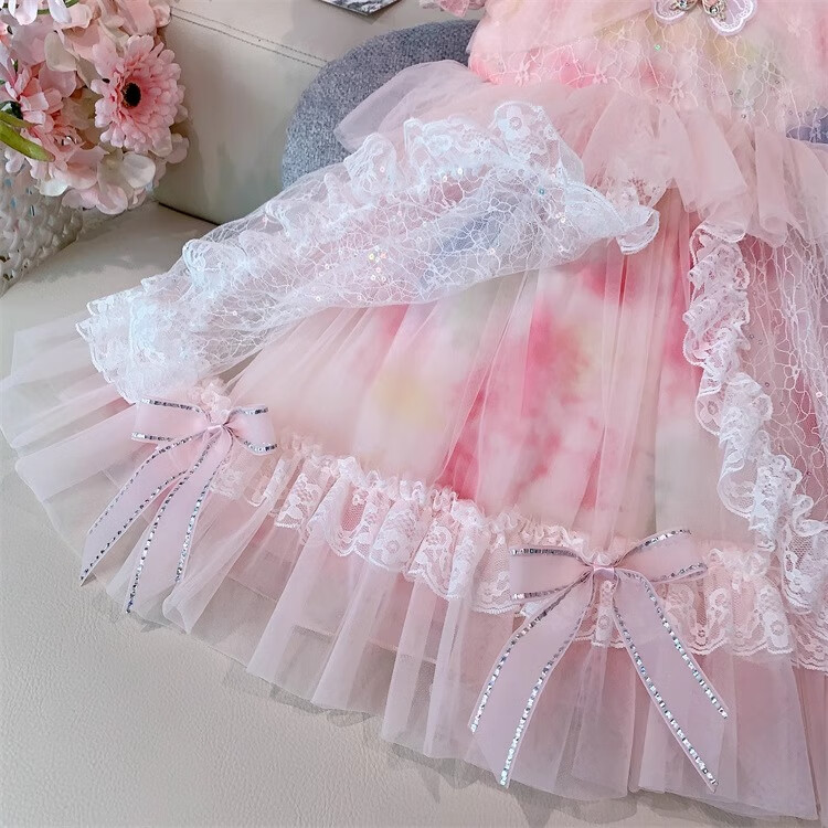 Anneyol Girls' Princess Dress Summer Outfit Stylish Children's Lolita Tulle Dress with Puff Sleeves, Pink, Size 160 28