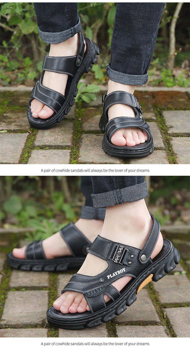 PLAYBOY Men's Sandals 2026 Summer Breathable Beach Shoes Men's Hole Shoes First Layer Cowhide Slippers Brown Size 43 7