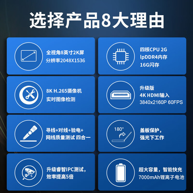 Wanglu Tong Engineering Pro 8-inch Multifunctional Digital Network Video Tester Video Surveillance WiFi Detection PoE Power Supply Cable Tracing Voltage Testing Integrated Camera Engineering Equipment