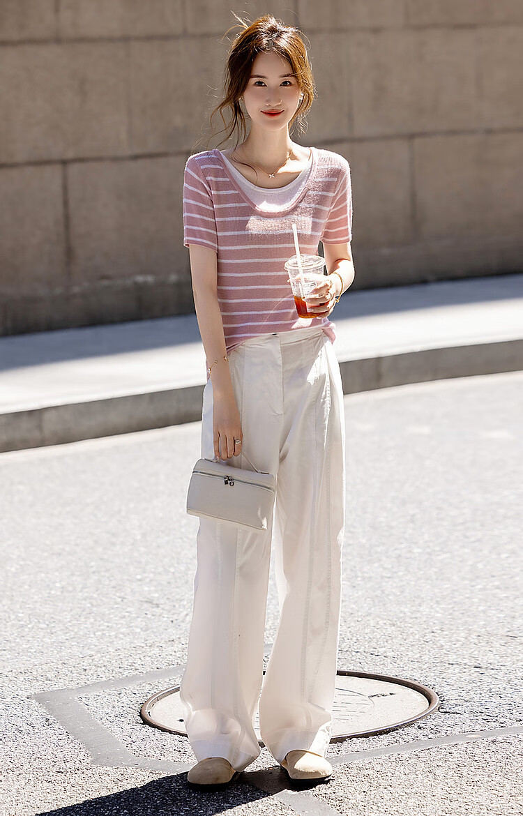 Dme [Xianxiao Philosophy] Spring And Autumn High-Wise Sensation Faux Two-Piece Striped Sweater, Elastic Comfortable Concealing Knit Top for Wome 7