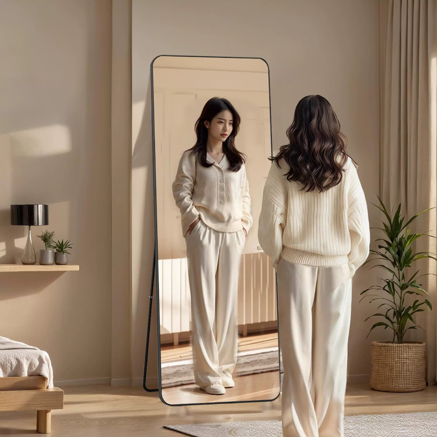 Yi Mo Full-Length Mirror Home Bedroom Dressing Mirror Dormitory Popular Floor Mirror Aluminum Alloy Large Mirror Fitting Mirror 40*150 Black