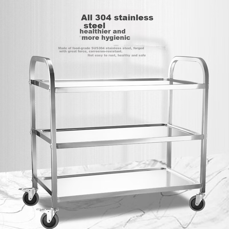 Ourunzhe Stainless Steel Mobile Food Delivery Cart, Push-Pull Serving Cart for Hotels And Restaurants, Beverage Trolley, Large Size 95*50*92.8cm