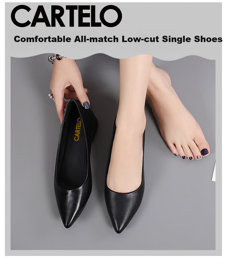 CARTELO Women's Leather Shoes, Pointed Toe Work Shoes, Low Heel Commuter Flats, KDO-A335 Black, Size 41 1