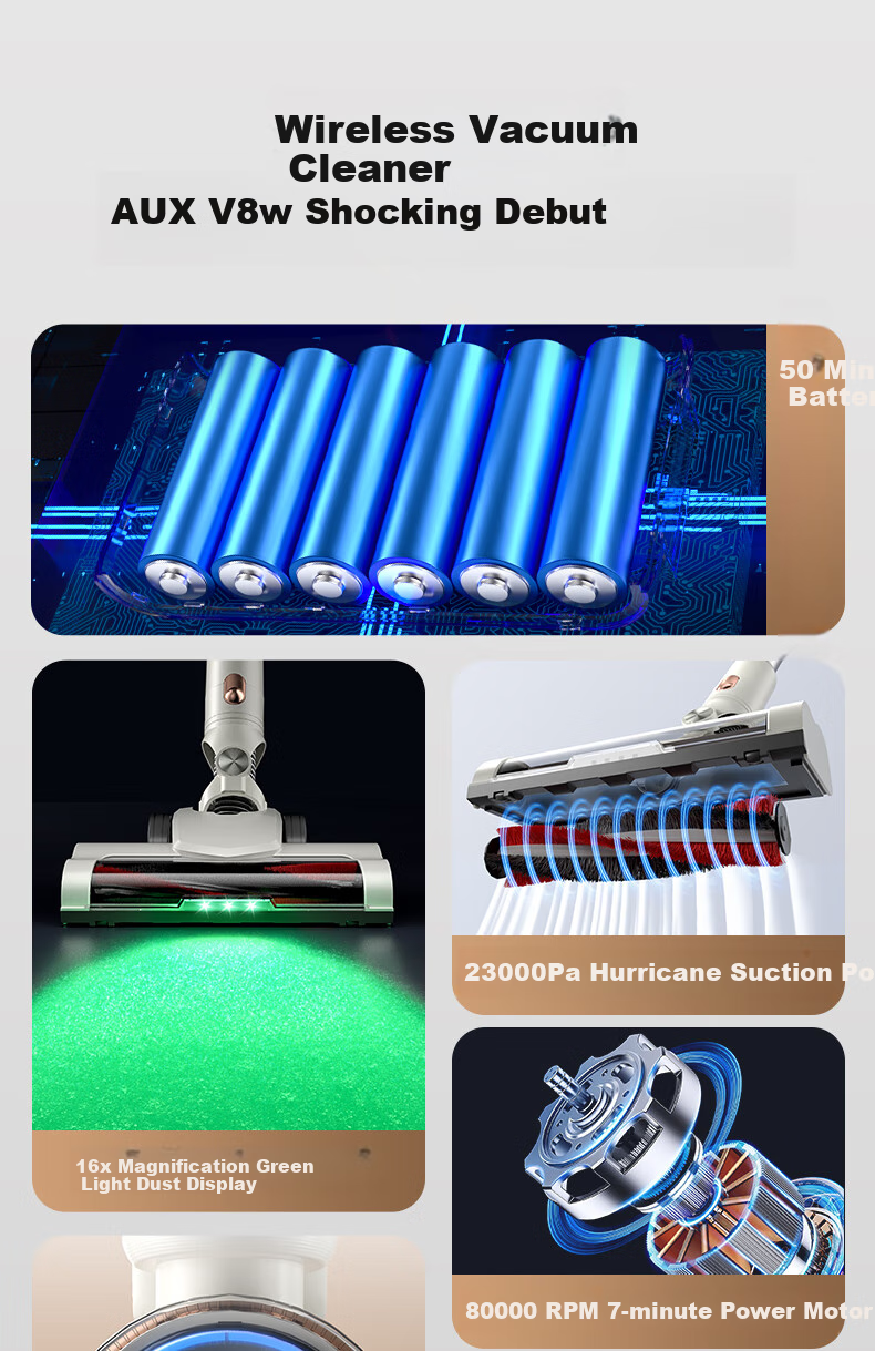 AUX Cordless Handheld Vacuum Cleaner for Home Use with Strong Suction, Low Noise, Green Light Dust Indicator, Carpet And Cat Hair Cleaning, Long Battery Life AXC-22DV8W 2