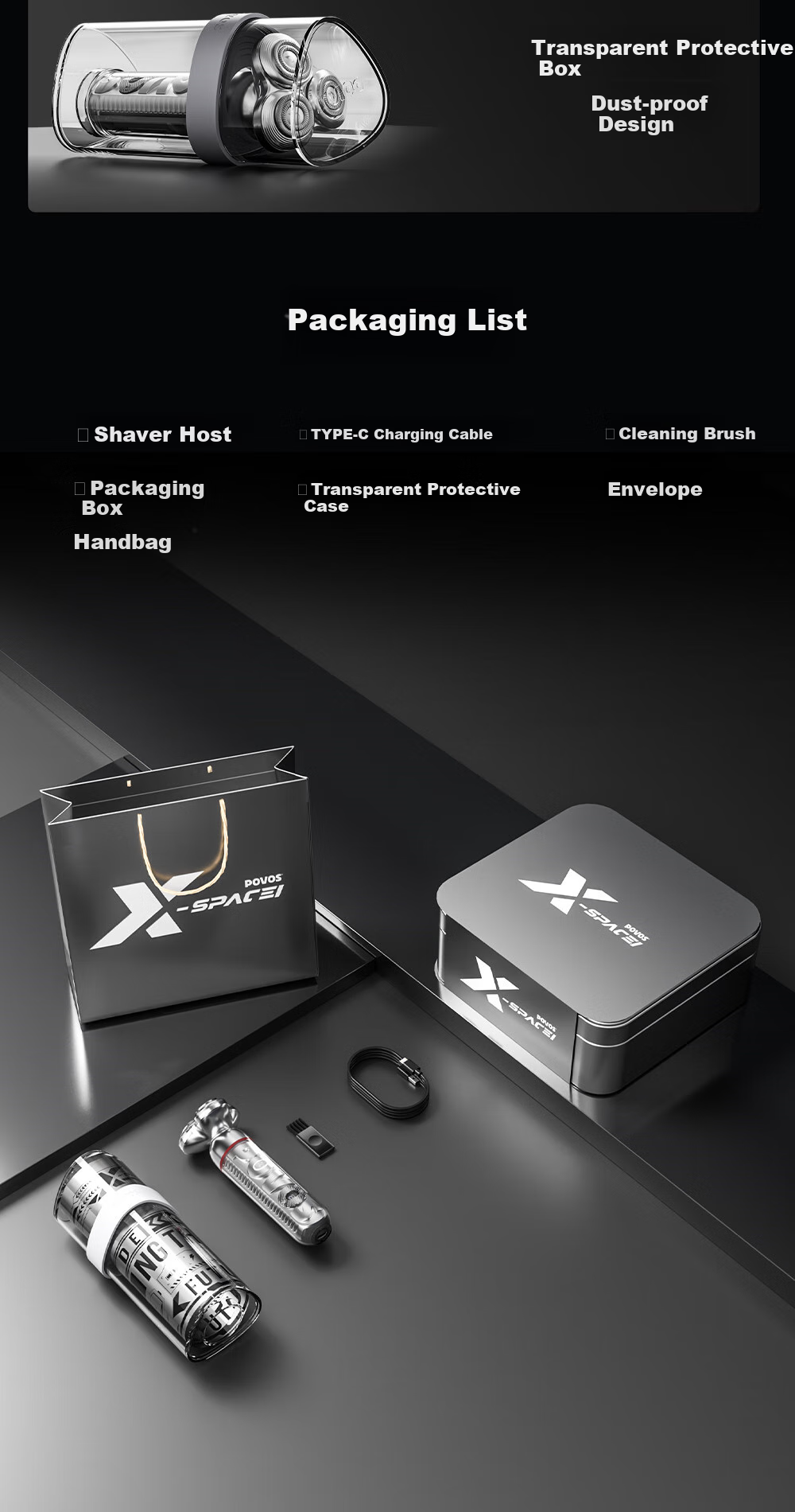POVOS Electric Shaver for Men with LED Breathing Light, Fully Washable, Fast Charging PQ9909 Starry Silver Trendy Alloy Version Practical Gift Box for Boyfriend, Husband, Father 13
