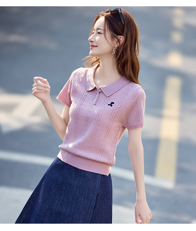 Shangjing Women's Short Sleeve Knit Top Summer New Sweet Polo Collar Slim T-Shirt 4