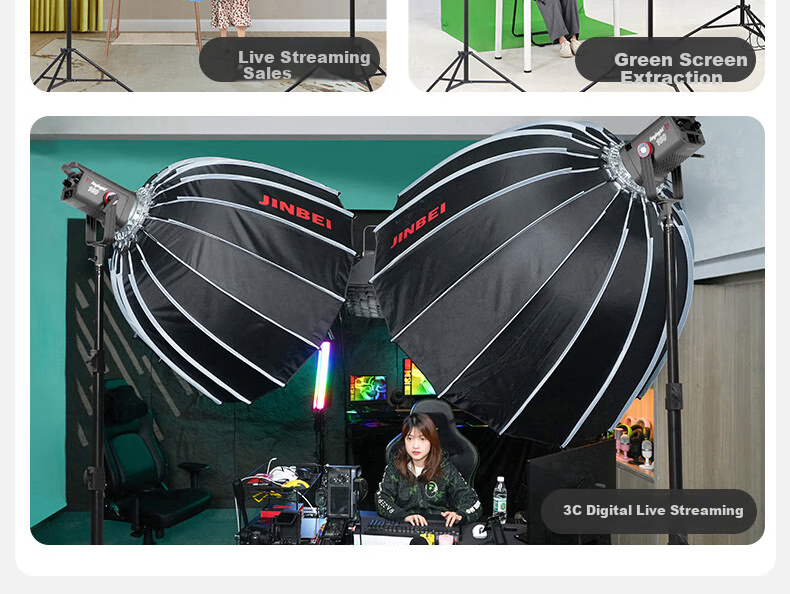JINBEI JL160 Photography Live Streaming Fill Light Kit, 160W Mainstreamer-Specific Clothing, Beauty Jewelry, Green Screen Studio, Deep Throw Constant Light LED Video Soft Light Hair Light 8