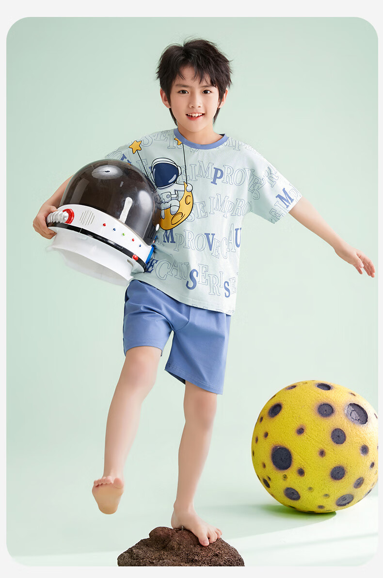 Fenteng Boys' Pajamas [Class A 7A Antibacterial] 100% Cotton Lightweight Children's Short Sleeve Air Conditioning Set 8