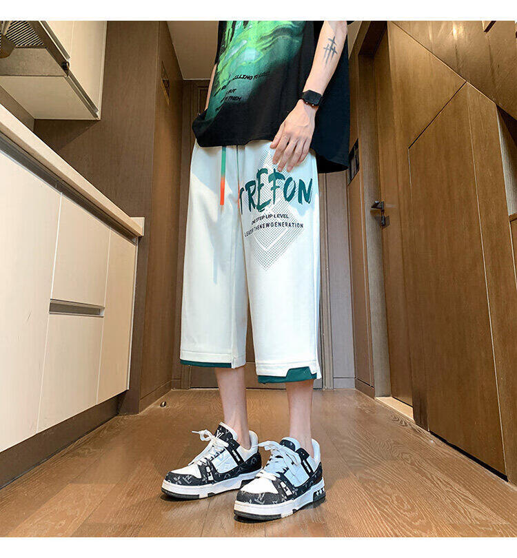 Zuofeili Men's Trendy Summer Shorts, Lightweight Loose-Fitting Cool Ice Silk Seven-Eighths Length Shorts, Fashionable Youth Casual Pants 28