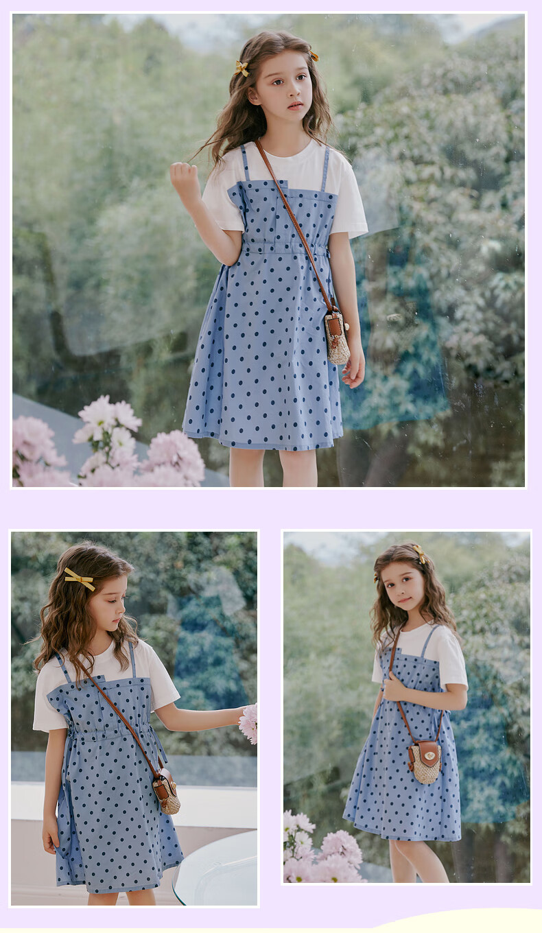 Follow Me Girls' Summer Dress, New Korean Style Trendy Faux Two-Piece T-Shirt Dress for Children, White/blue, Size 140 5