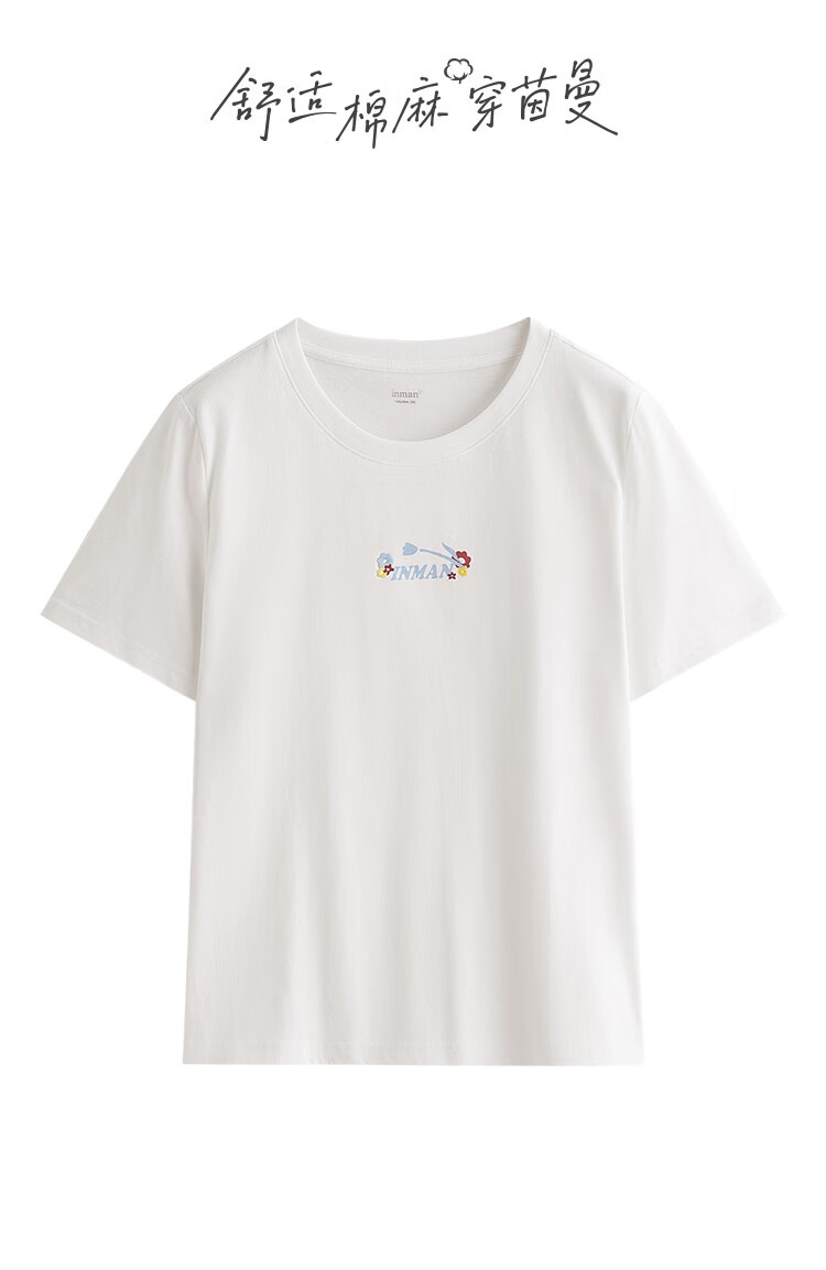 INMAN Women's 2025 Summer Embroidered Comfortable Simple Pullover Loose Fit Cotton Short Sleeve T-Shirt Sakura Pink S 45