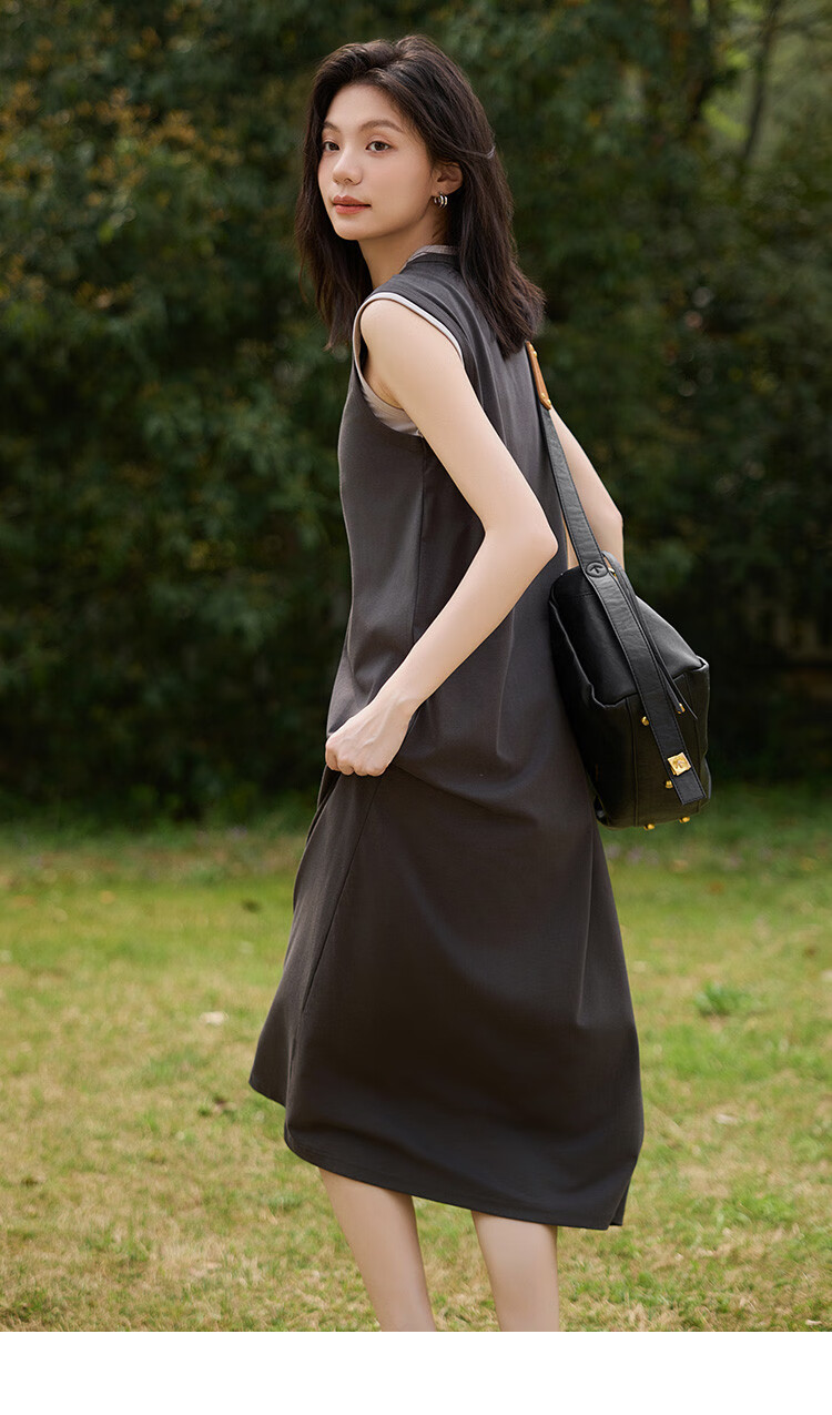 Dme Faux Two-Piece Powder White Contrasting Color Long Dress, Round Neck, Sleeveless, Versatile Knitted Long Dress 10