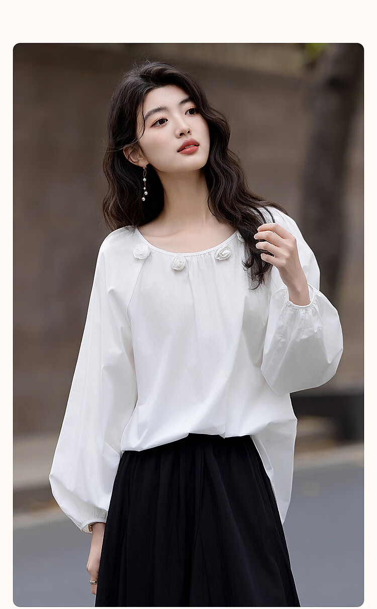 Dme [Moonlight Old Dream] Autumn French Pure Cotton Handmade 3D Floral V-Neck Pleated Blouse Women's Top 2