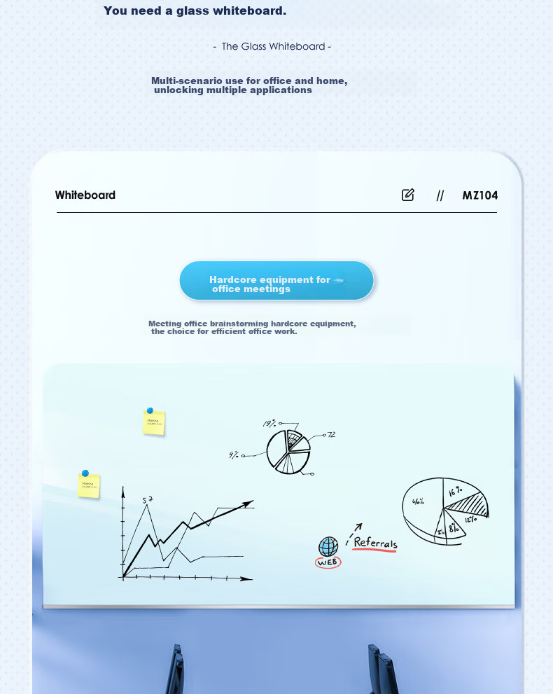 Deli Magnetic Whiteboard, 200*100cm Full Screen, Tempered Glass Hanging Board for Office Meetings, Writing Board (Includes Eraser, Marker, And Magnetic Pins) MZ104 5