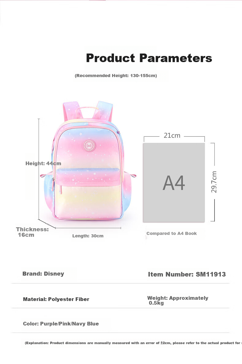 Disney Elementary School Backpack for Boys And Girls Grades 3-6, Water-Resistant, Antibacterial, Lightweight Schoolbag SM11913 Pink 2