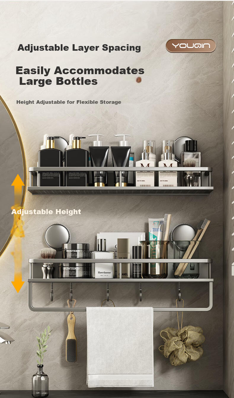 YOUQIN Suction Cup Bathroom Storage Rack, No Drilling Required, Wall-Mounted Toilet Shelf, Bathroom Vanity Organizer 7