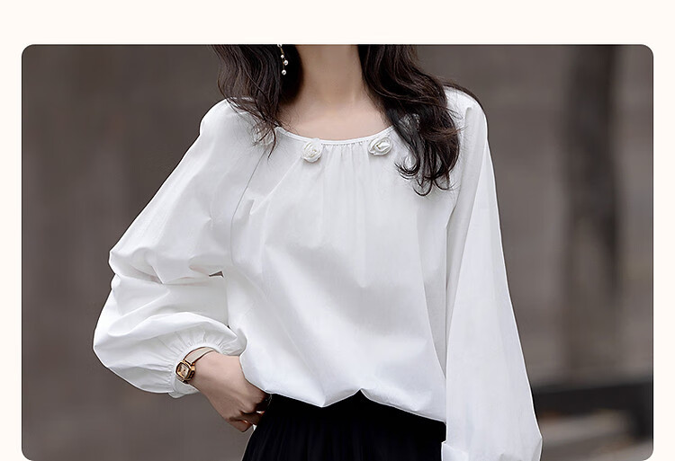 Dme [Moonlight Old Dream] Autumn French Pure Cotton Handmade 3D Floral V-Neck Pleated Blouse Women's Top 3