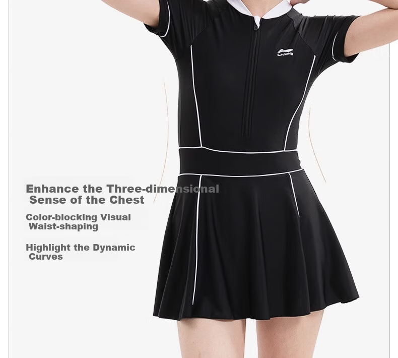 Li-Ning Women's One-Piece Skirt Swimsuit Slimming Chlorine-Resistant Quick-Dry Spa Swimwear Black M 4