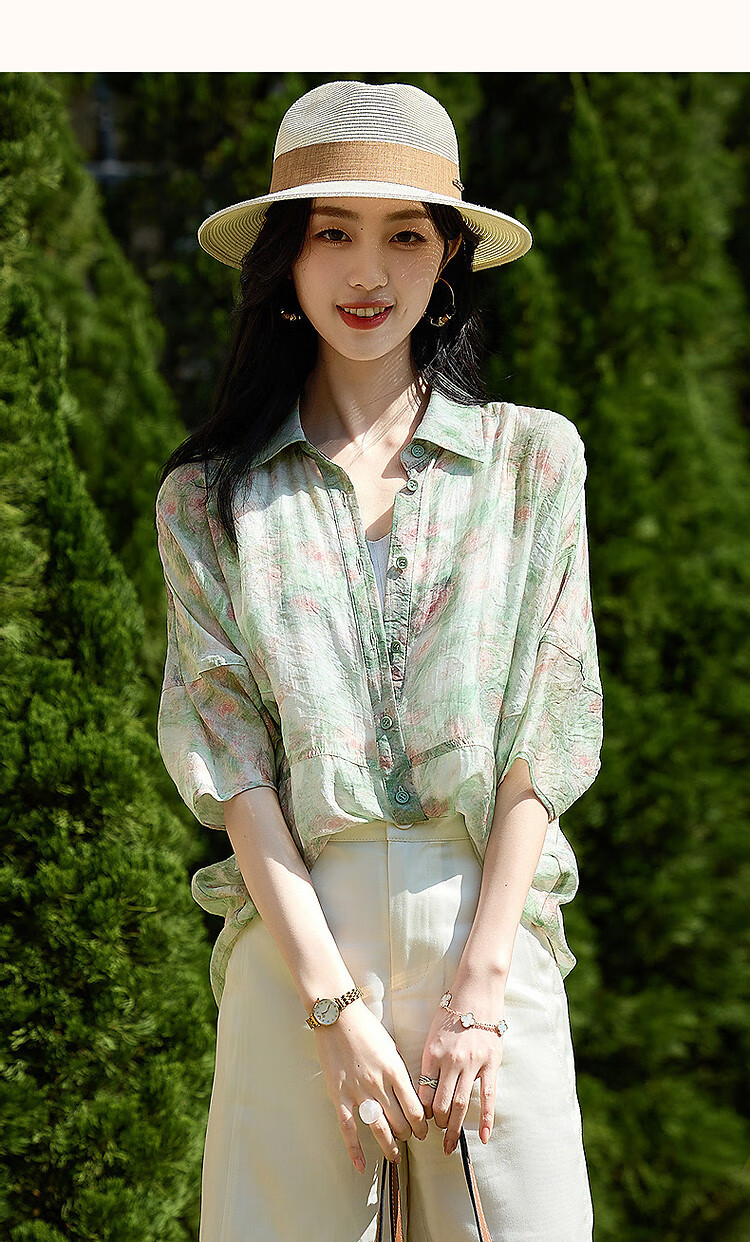 Dme [Bolimamanbo] Summer Flowy Cloud Brocade Thick-Printed Shirt, Stylish Divided Mid-Sleeve Blouse, Women's Top 11