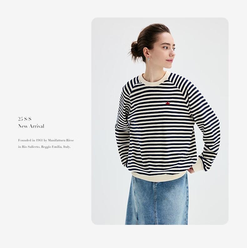 Navikail Italian Small Sailboat Women's Cotton Loose Long Sleeve Sweatshirt Striped Crew Neck T-Shirt 2315005501 Red White L 10