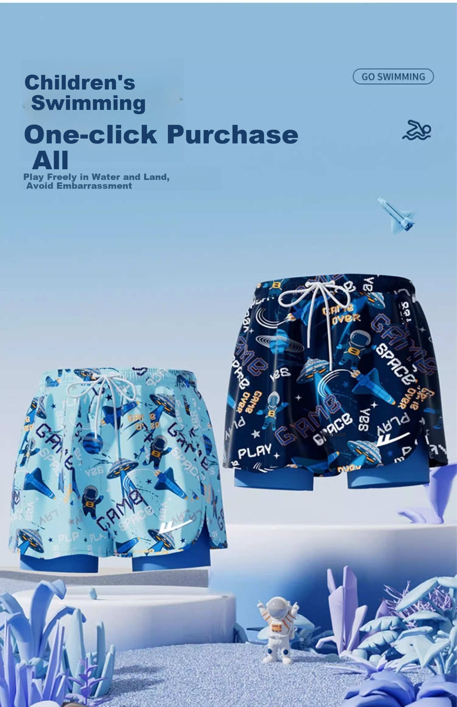 Huili Boys' Quick-Dry Swimming Trunks, Summer Double-Layer Anti-Embarrassment Swimwear for Older Children, Model 54015, Blue, Size 135 10