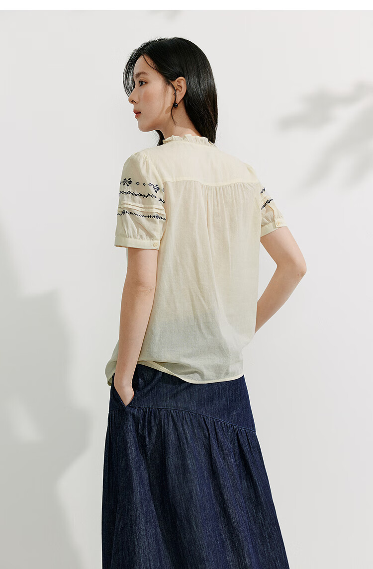 Inman French Style 100% Cotton Embroidered Shirt Summer Women's Casual Vacation Short Sleeve Blouse Beige M 9