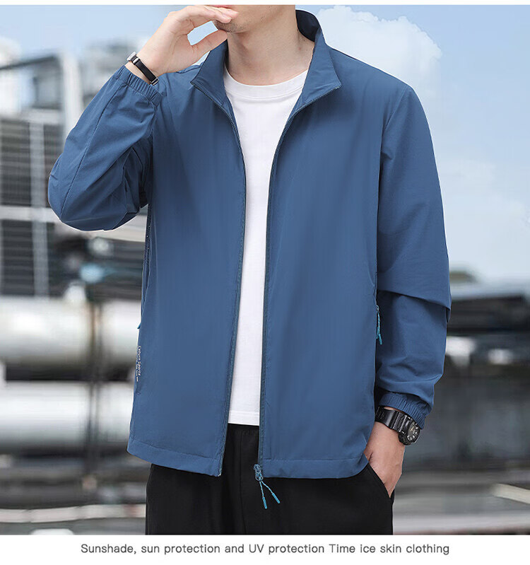 ROMON Men's Summer Outdoor Casual Sun Protection Jacket Stand Collar UV Protection Skin Jacket Blue 3XL 18